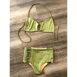 Green Seamless Bikini Swimsuit High Rise S Cut Out Sexy Reversible Nude